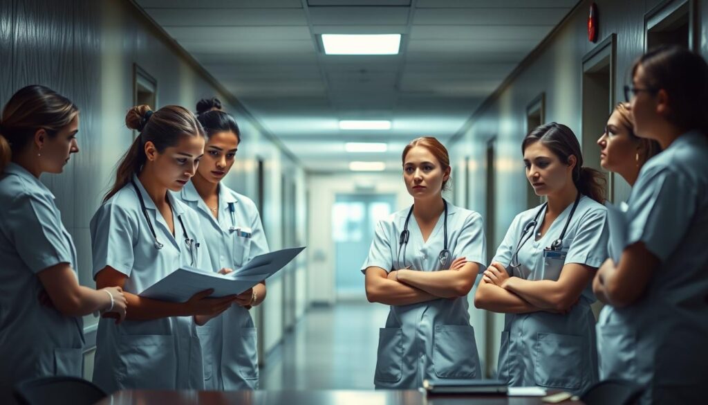 A dimly lit hospital corridor, the harsh fluorescent lights casting long shadows. In the foreground, a group of young, serious-faced medical professionals dressed in crisp white uniforms huddle around a desk, scrutinizing resumes and exchanging hushed, guarded conversation. In the middle ground, a nurse stands apart, arms crossed, a conflicted expression on her face as she glances at the group. The background is blurred, hinting at the bustle of the hospital, the constant motion and demands pulling the staff in multiple directions. The mood is one of unease, the sense that the hospital's true feelings about these job-seeking nurses are not entirely transparent.