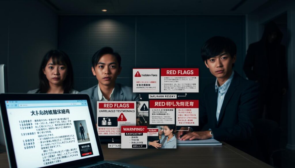 A dimly lit, modern office setting. Four young, Japanese-looking people seated at desks, their expressions cautious and wary. In the foreground, a laptop screen displays a suspicious-looking job posting, with warning signs like low salary, vague job description, and lack of company details. The middle ground features a collage of red flags - hidden fees, unreliable testimonials, and unclear hiring process. The background showcases a shadowy, ominous figure lurking in the corner, hinting at the potential dangers of untrustworthy job sites. Soft, moody lighting creates an atmosphere of unease and caution.