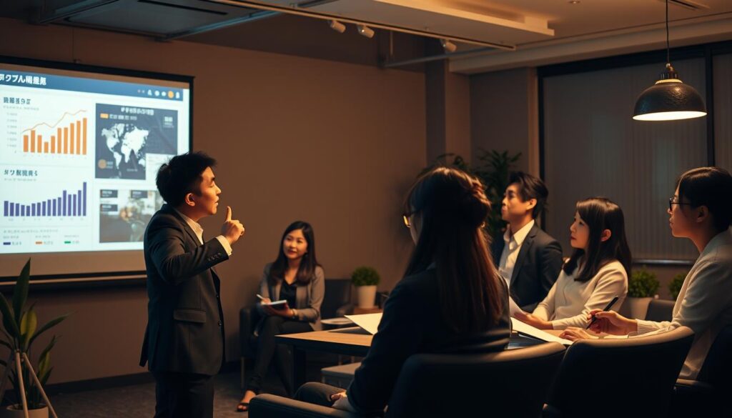 A dimly lit office scene, showcasing a group of young, professional-looking Japanese individuals engaged in a dynamic sales presentation. The foreground features a stylishly dressed sales representative making a passionate pitch, gesturing towards a large projection screen displaying relevant sales data and visuals. The middle ground captures the audience of attentive colleagues, some taking notes, others nodding in agreement. The background subtly hints at the trappings of a modern corporate workspace - sleek furniture, potted plants, and minimalist decor, creating a sense of a thriving, fast-paced work environment. The lighting is warm and focused, emphasizing the intensity of the sales pitch and the engagement of the team. The overall mood conveys a sense of ambition, teamwork, and the excitement of a successful career transition.