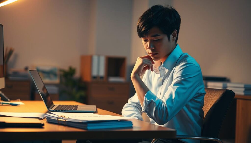 A dimly lit office scene, showcasing a well-organized desk with a laptop, pen, and neat stacks of documents. In the foreground, a young Japanese professional, dressed in a crisp white shirt and dark slacks, sits thoughtfully, their black hair neatly styled. They are studying the documents intently, their expression focused, conveying the careful attention required for crafting a successful job application. The lighting is soft and warm, creating a contemplative atmosphere, as if the subject is considering the best approach to their application. The background is blurred, emphasizing the importance of the task at hand.