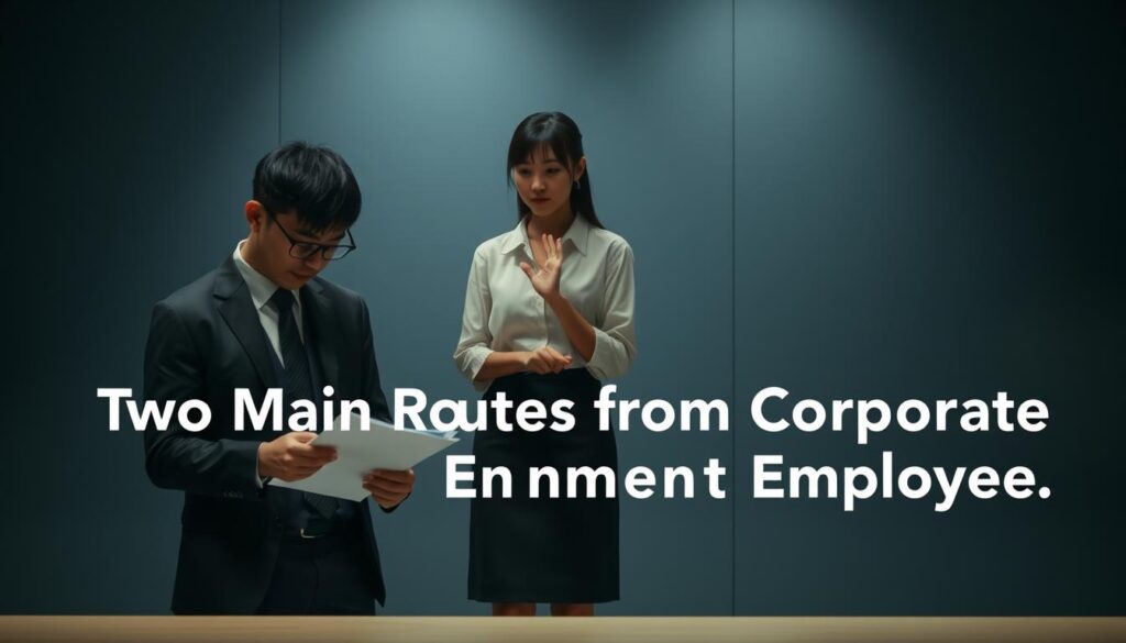 A dimly lit office scene, where two young Japanese-looking professionals stand in thoughtful discussion. In the foreground, a man in a sharp suit examines documents, conveying the transition from corporate to civil service. In the middle ground, a woman in a crisp blouse and skirt gestures, illustrating the path from private to public sector. The background is hazy, with subtle lighting highlighting the subjects and creating a contemplative atmosphere. The scene captures the essence of the "Two Main Routes from Corporate to Government Employee" topic, showcasing the considered decision-making process through realistic, detailed character portrayals.