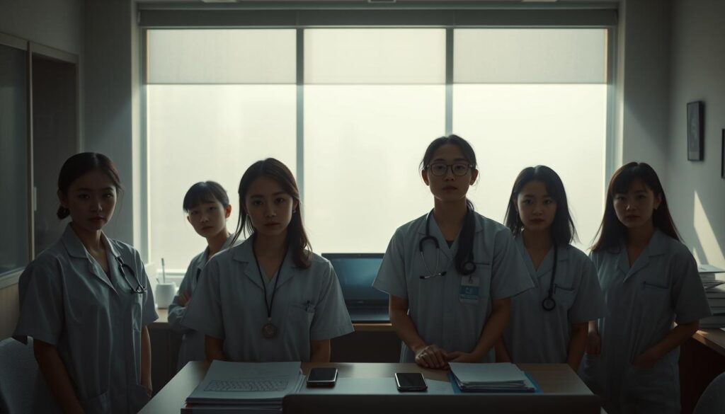A dimly lit office setting, showcasing the pitfalls of nurse recruitment websites. In the foreground, a group of young, Japanese-looking models with serious expressions, conveying the gravity of the situation. The middle ground features a cluttered desk with a laptop, papers, and a smartphone, symbolizing the overwhelming process of navigating these platforms. The background is hazy, with a sense of unease and uncertainty, reflecting the potential downsides of relying solely on these sites for career transitions. Soft, natural lighting casts subtle shadows, adding depth and a somber tone to the scene. The overall atmosphere suggests the need for caution and careful consideration when using nurse job boards.