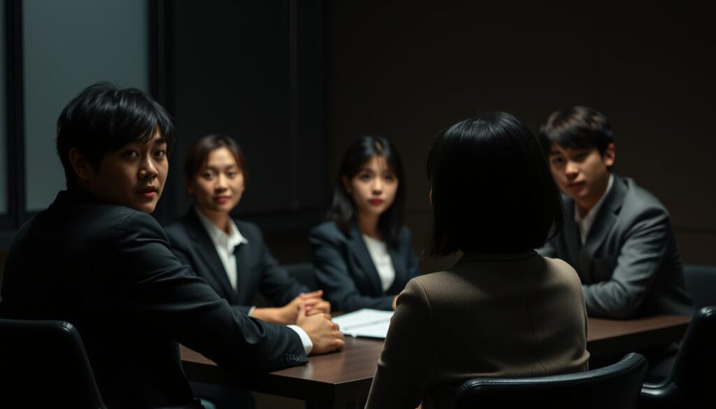 A dimly lit office setting, where a panel of young, professional-looking Japanese individuals with dark hair sit across a table, their gazes intense and focused. The interviewees, seated in the foreground, appear poised and confident, ready to showcase their skills and experiences. Subtle lighting casts shadows, creating a sense of gravity and importance, as they discuss the key strategies and insights for navigating a successful career transition. The background blurs slightly, drawing the viewer's attention to the central figures and the critical interview preparation process they are engaged in.