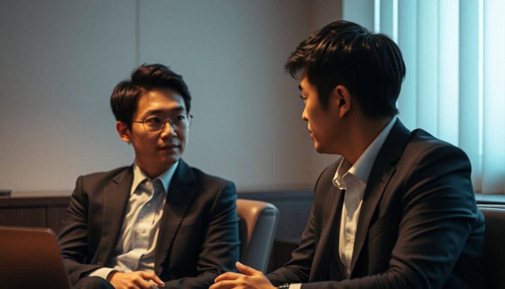 A dimly lit office setting, where a young Japanese professional sits across from a career counselor. The counselor, dressed in a sharp suit, leans forward with an empathetic expression, guiding the client through the intricacies of leveraging a recruitment agency. Soft, warm lighting illuminates their faces, creating an atmosphere of trust and guidance. The client, with a pensive gaze, listens intently, considering the potential benefits of working with a specialized employment agency to navigate their career transition. The scene conveys the appropriate and thoughtful utilization of a recruitment service during a critical juncture in one's professional journey.