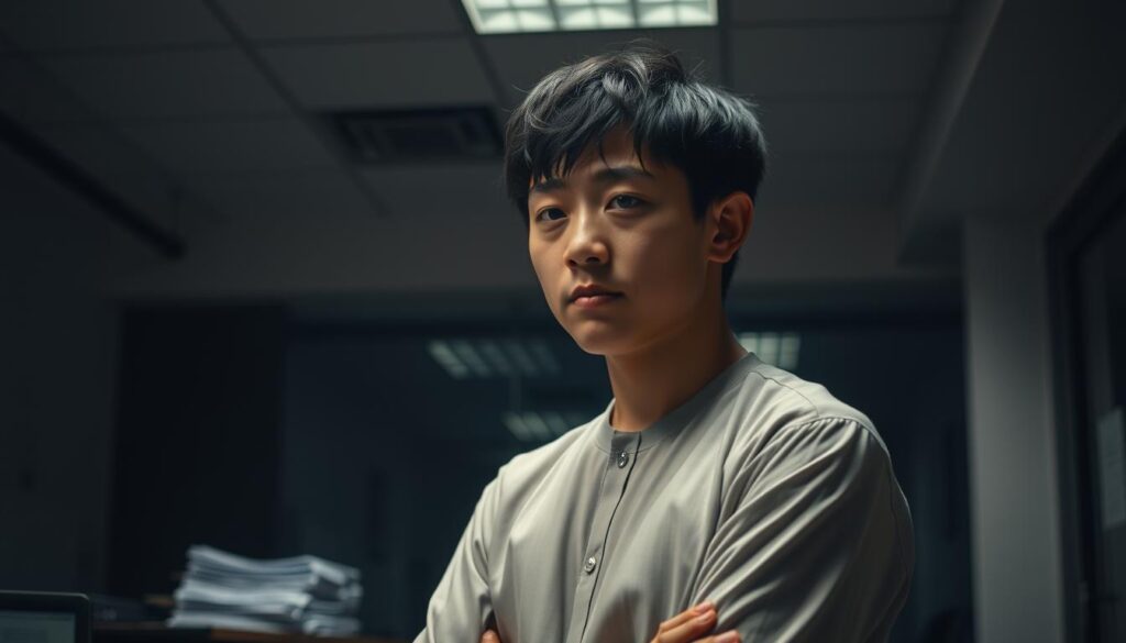 A dimly lit office setting, where a young Japanese professional stands, their face etched with a pensive expression. The overhead lighting casts subtle shadows, creating a contemplative atmosphere. In the background, a stack of documents and a laptop hint at the challenges of the "second new graduate" experience - the difficulties in finding employment, the pressure to catch up with peers, and the sense of being behind in one's career. The figure's posture conveys a sense of uncertainty and apprehension, reflecting the unique obstacles faced by this demographic. The scene is captured with a realistic, photographic style, emphasizing the human experience at the heart of this critical career transition.