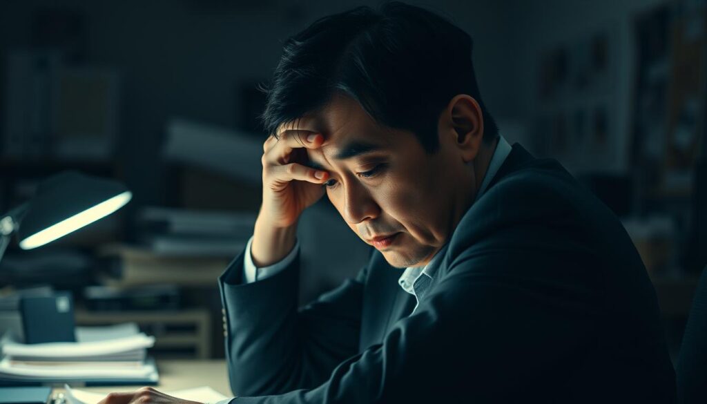 A dimly lit office setting, with a middle-aged Japanese man sitting at a desk, his head in his hands, a look of resignation on his face. The background is blurred, but suggests a cluttered, stressful work environment. The lighting is somber, casting shadows across his features, conveying a sense of dejection. The man's posture and expression communicate the weight of a difficult career decision, as if contemplating a job change he knows he should avoid. The scene is captured with a sharp, documentary-style lens, emphasizing the realism and emotional impact of the moment.