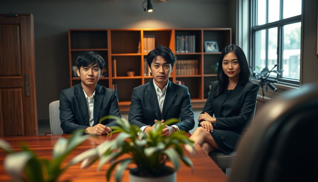 A dimly lit office setting, with a wooden desk and a potted plant in the foreground. In the middle ground, three young, well-dressed Japanese professionals sit facing the camera, their expressions focused and attentive. The background features a bookshelf and a large window, casting a warm, natural light onto the scene. The overall atmosphere conveys a sense of professionalism and preparation, suitable for a job interview setting. The models have a realistic, photographic appearance, with natural-looking black hair and facial features.
