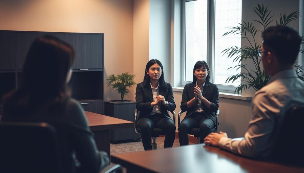 A dimly lit office setting, with a wooden desk, ergonomic chair, and a large potted plant in the corner. In the foreground, three young Japanese-looking individuals sit across from the interviewer, their expressions earnest and attentive. Soft, directional lighting from a window casts a warm, contemplative atmosphere, emphasizing the gravity of the job interview situation. The interviewees are dressed in professional attire, their posture upright and their hands folded neatly on the desk, exuding confidence and preparation. The scene conveys the importance of thorough interview preparation for those transitioning from freelance to full-time employment.
