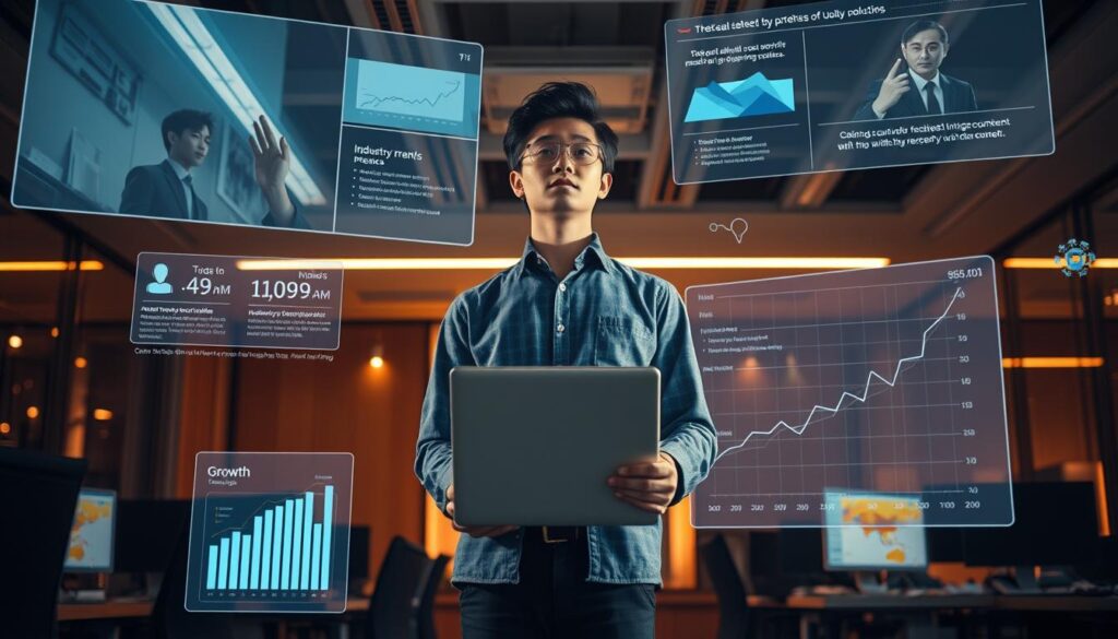 A dimly lit office space, bathed in the warm glow of task lighting. At the center, a young Japanese professional stands confidently, laptop in hand, contemplating their career path. Surrounding them, holographic displays showcase potential job opportunities, industry trends, and growth trajectories. The scene conveys a sense of focus, determination, and a vision for the future, as this individual navigates the exciting possibilities that lie ahead after a transition from their previous public sector role.