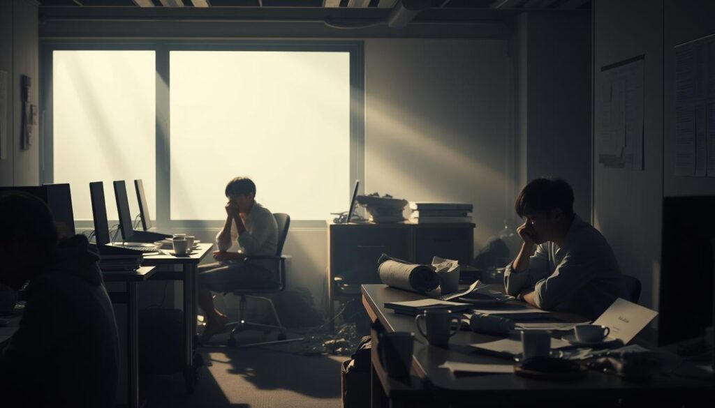 A dimly lit office space, shrouded in an atmosphere of dejection and disappointment. In the foreground, a group of young Japanese-looking individuals sit hunched over their desks, their expressions conveying a sense of defeated resignation. The middle ground showcases the remnants of a once-ambitious startup project - scattered papers, overturned mugs, and a sense of abandoned potential. The background is hazy, casting a somber, almost melancholic tone, emphasizing the failure and the lessons that can be learned from it. Soft, muted lighting casts long shadows, adding to the palpable tension and the weight of the "失敗事例" that this image aims to capture.