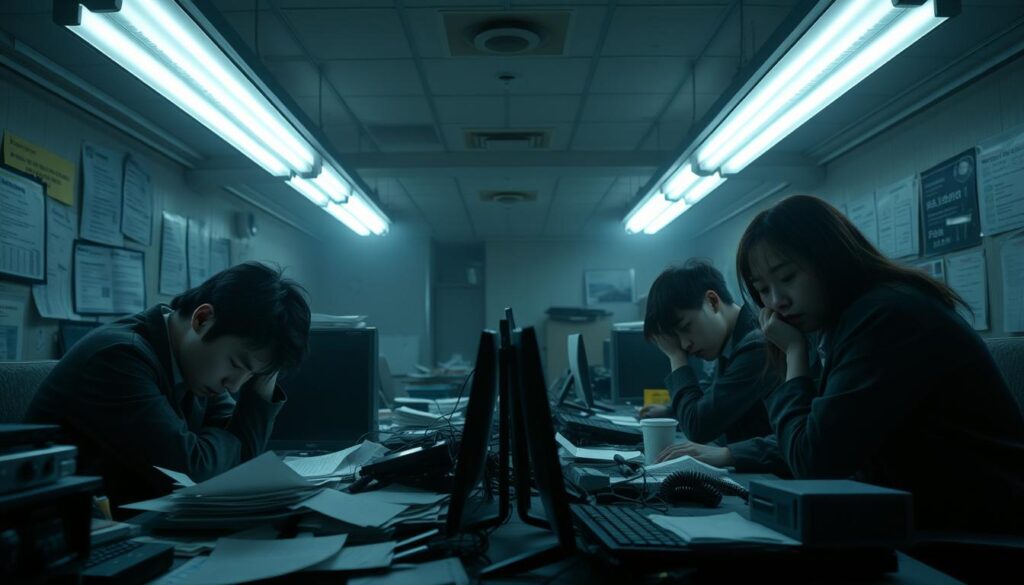 A dimly lit office space, the air thick with tension. Four young, Japanese-looking employees hunched over their desks, faces etched with exhaustion. Fluorescent lights cast harsh shadows, creating an oppressive atmosphere. Papers and electronics litter the cluttered workspace, reflecting the overwhelming demands placed upon the staff. Employees appear visibly stressed, their postures conveying a sense of helplessness and burnout. The scene exudes a sense of dehumanization, where individualism is sacrificed for the relentless pursuit of profit. This image encapsulates the defining characteristics of a 'black company' - excessive overtime, unreasonable workloads, and a disregard for employee well-being.