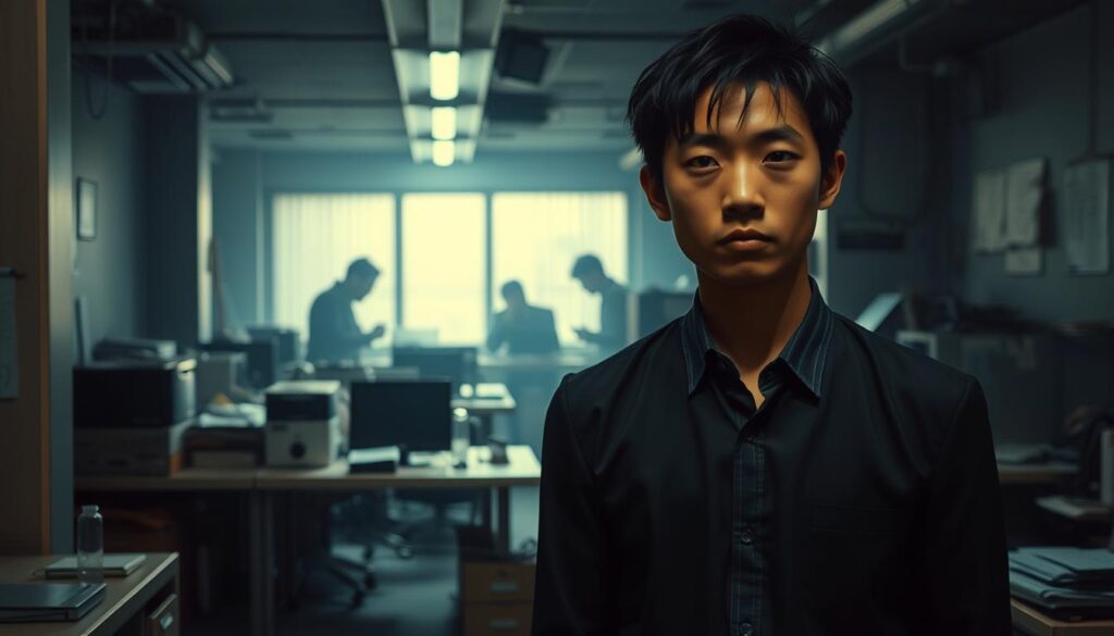 A dimly lit office space, the air thick with tension. In the foreground, a young Japanese-looking professional stands with a hunched posture, their face etched with uncertainty. The middle ground reveals a scene of disorganized desks, outdated equipment, and a general sense of neglect. In the background, ominous shadows loom, hinting at a toxic work culture that stifles growth and opportunity. The lighting is harsh, casting harsh shadows and creating an atmosphere of unease. This image captures the essence of the "企業の避けるべき特徴" - a workplace that offers little room for personal and professional development, where the needs of the organization take precedence over the well-being of its employees.