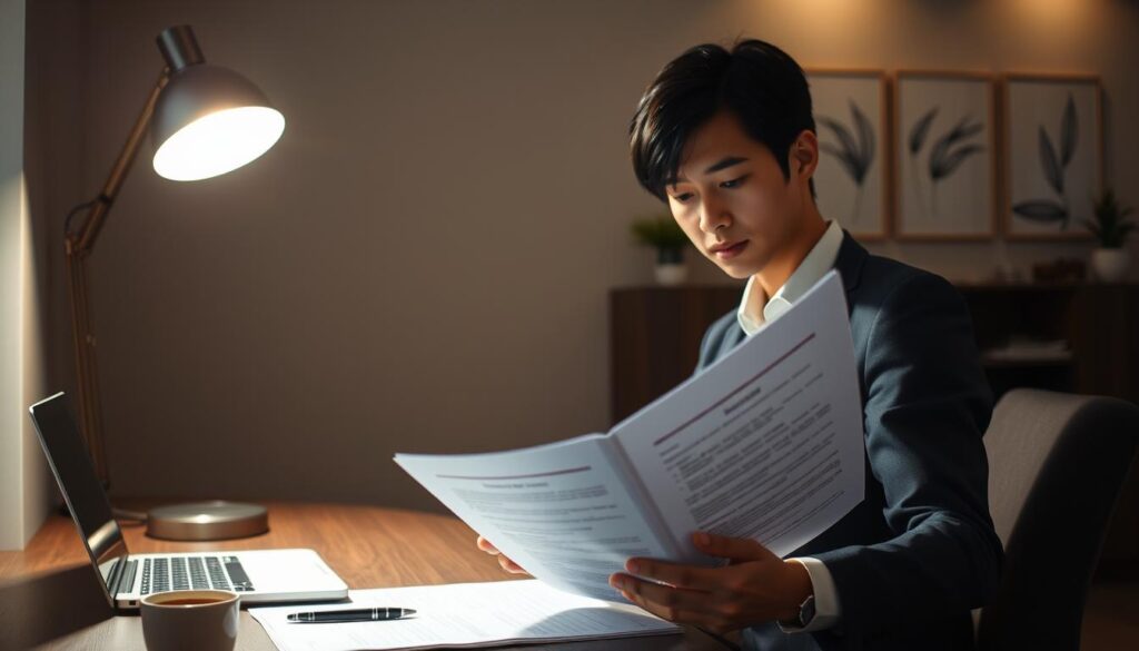 A dimly lit office space, the warm glow of a desk lamp casting a soft light on the scene. In the foreground, a young Japanese-looking professional, their features distinct and realistic, intently studying a stack of documents - the company's employment regulations. The middle ground reveals a tidy desk, with a laptop, a pen, and a cup of coffee, suggesting a thoughtful, focused atmosphere. In the background, the walls are adorned with minimalist artwork, conveying a sense of modern, sophisticated professionalism. The overall mood is one of contemplation and attention to detail, as the individual carefully reviews the employment guidelines, preparing for the next steps in their career journey.
