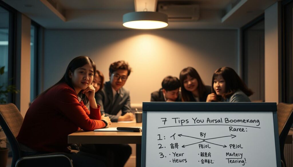 A dimly lit office space, where a group of young, focused Japanese professionals gather around a conference table. The scene exudes a sense of determination and collaboration. Soft lighting from above casts a warm glow, highlighting their thoughtful expressions as they discuss strategies to increase their chances of success. In the foreground, a whiteboard displays a simple diagram outlining the "7 Keys to Successful Boomerang Careers," creating a visual reference for their discussion. The overall atmosphere conveys a sense of purpose and camaraderie, reflecting the title "7 Tips to Boost Your Boomerang Career Success Rate."