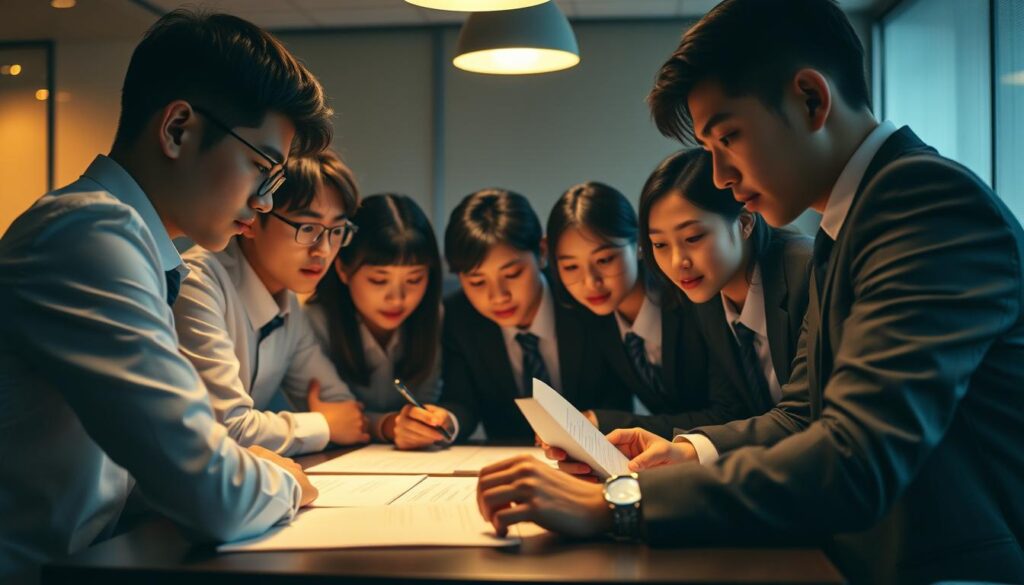 A dimly lit office space, where a group of young, focused individuals in formal attire gather around a table, intently studying documents and laptop screens. The scene is characterized by a sense of determination and strategic planning, as they carefully map out their path forward in their career transition. Warm, soft lighting illuminates their faces, conveying a palpable tension and concentration. The background is blurred, emphasizing the importance of the task at hand. The overall atmosphere reflects the seriousness and thoughtfulness with which these young Japanese professionals approach the process of changing their career trajectory.