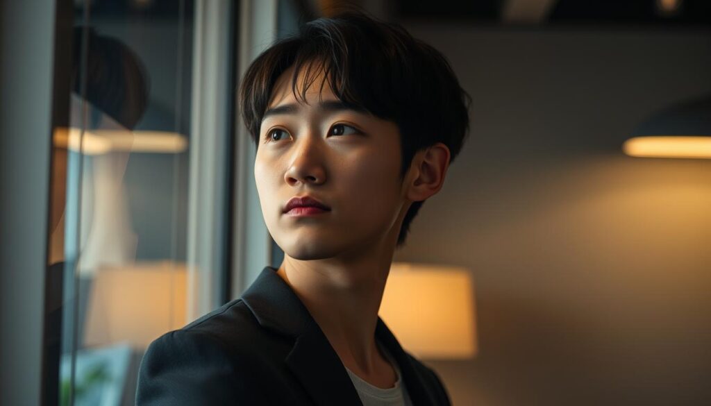 A dimly lit office space, where a thoughtful young professional stands at a window, gazing out with a contemplative expression. Soft, warm lighting illuminates their face, casting gentle shadows and highlighting their pensive, Japanese-inspired features. The background is slightly blurred, allowing the subject to take center stage, deep in consideration of their next career move. The scene conveys a sense of uncertainty and introspection, capturing the essence of "Advice for Those Considering a Career Change."