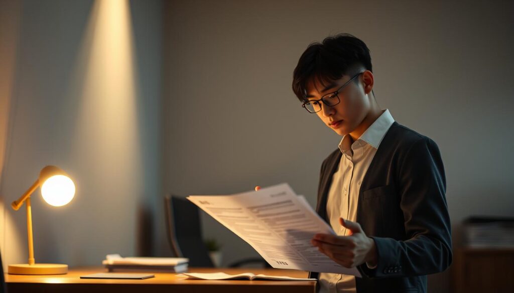 A dimly lit office space, where a young Japanese-looking professional stands at a desk, contemplating their career transition. Soft, warm lighting casts a pensive glow, highlighting their focused expression as they review resumes, job postings, and notes outlining their job search strategy. The background features a subtle blend of muted tones, creating a sense of concentration and determination. The scene conveys the thoughtful preparation and careful consideration required for a successful career change.
