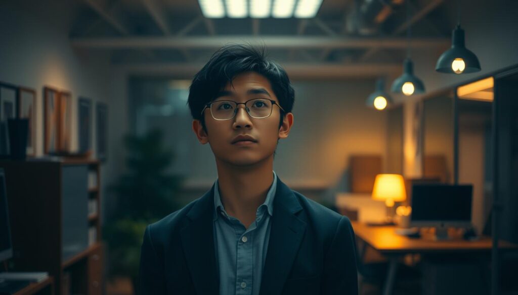 A dimly lit office space, where a young Japanese professional stands at a crossroads, contemplating the risks and strategies of transitioning into the freelance lifestyle. Soft, warm lighting illuminates their thoughtful expression, as they carefully weigh the opportunities and challenges ahead. The background features a mix of modern office decor and subtle hints of the potential freedoms of self-employment, creating a sense of tension and anticipation. The scene conveys a palpable atmosphere of introspection and determination, as the subject navigates the complexities of this pivotal career decision.