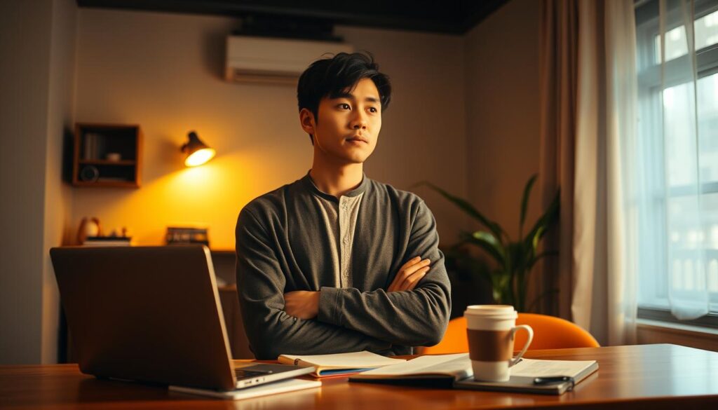 A dimly lit office space, where a young Japanese professional stands thoughtfully, contemplating their career path. They are surrounded by a laptop, a notebook, and a cup of coffee - tools for exploring alternative job search methods. The scene is characterized by a pensive mood, with soft, warm lighting casting a cozy ambiance. The focus is on the individual, their expression reflecting the internal deliberation of finding a new direction without relying on traditional employment agencies. The overall composition conveys a sense of introspection and the pursuit of self-directed career opportunities.
