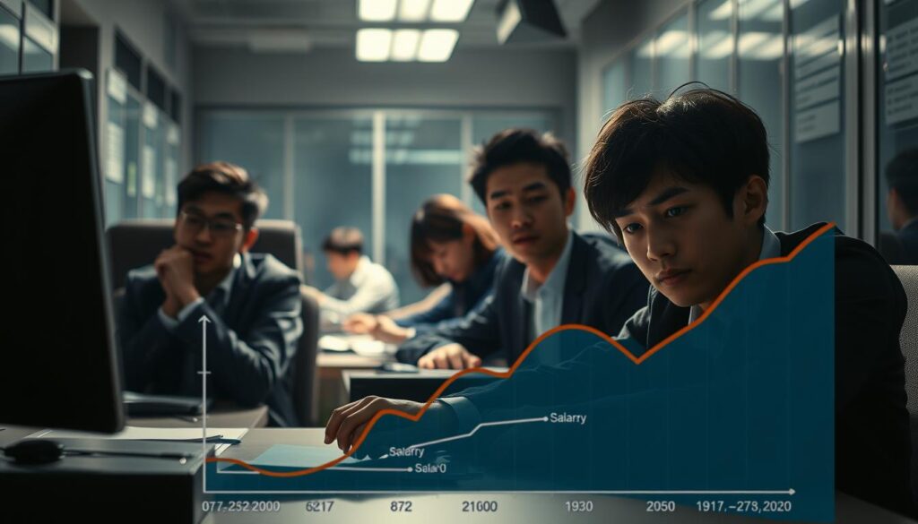 A dimly lit office space, where young Japanese-looking individuals sit at their desks, their faces etched with a mix of exhaustion and concern. The lighting is harsher, casting long shadows that hint at the demanding nature of their work. In the foreground, a graph or chart depicting the relationship between working conditions and salaries, serving as a visual representation of the complex interplay between these factors. The overall atmosphere conveys a sense of unease, reflecting the challenges faced by workers in this industry.
