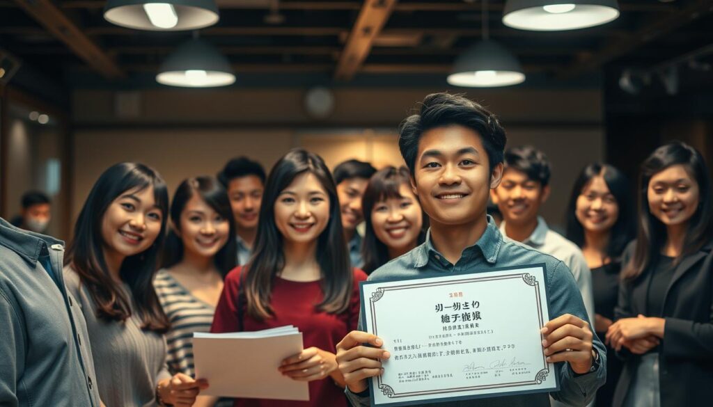 A dimly lit office space, where young Japanese-looking individuals stand proudly, their expressions exuding a sense of accomplishment. In the foreground, a person holds a certificate, the edges crisp and the text clear, signifying their newly acquired professional qualification. The middle ground showcases a diverse group, some reviewing documents, others engaged in discussion, all radiating a focused determination. The background is softly blurred, hinting at the larger context of their endeavors. Warm, natural lighting from overhead fixtures casts a subtle glow, creating an atmosphere of seriousness and success. The scene conveys the value of professional development and the rewarding journey of earning a coveted credential.