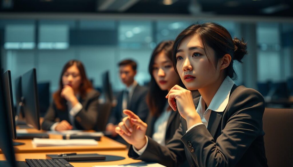 A dimly lit office space, where young professionals in business attire ponder their career trajectories. In the foreground, a thoughtful Japanese-looking woman sits at her desk, her fingers intertwined as she contemplates her next move. The middle ground captures her colleagues, each lost in their own reflections, creating a palpable sense of contemplation. The background is softly blurred, evoking a sense of focus and introspection. The scene is illuminated by warm, directional lighting, casting subtle shadows that accentuate the seriousness of the moment. The overall mood is one of careful consideration, as these individuals navigate the crucial timing of their professional transitions.