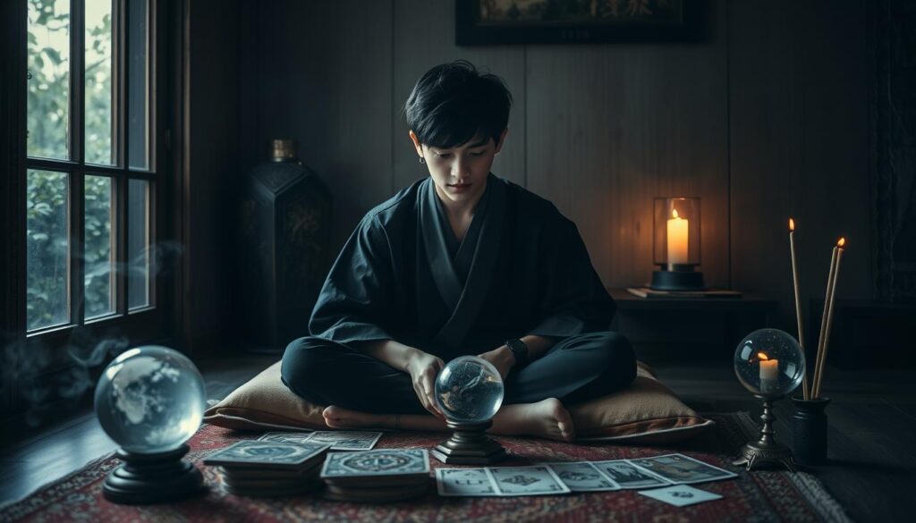A dimly lit room with a tranquil atmosphere, a young Japanese-looking diviner sits cross-legged on a plush cushion, surrounded by an array of mystical objects - antique tarot cards, a crystal ball, and delicate incense sticks casting a hazy glow. The diviner's face is focused, their gaze intense as they study the patterns and symbols before them, deeply immersed in the process of acquiring their professional fortune-telling credentials. Soft natural lighting filters in through a nearby window, casting subtle shadows that enhance the air of mystery and introspection. The overall scene conveys a sense of the dedicated study and spiritual discipline required to become a skilled and respected practitioner of the divination arts.