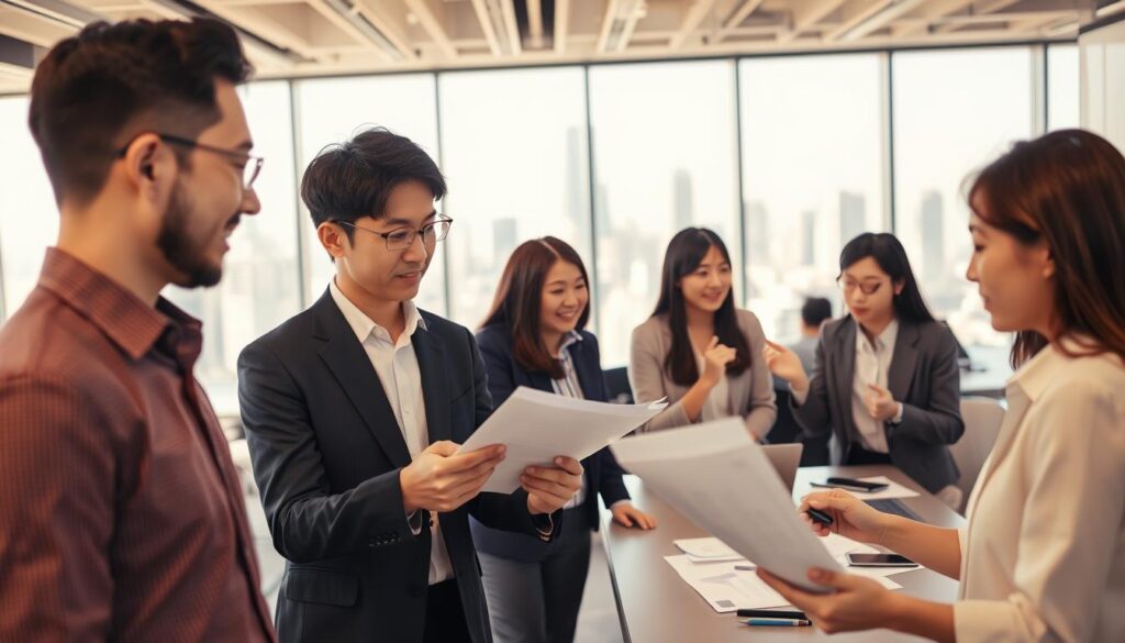 A diverse group of young, Japanese-looking professionals in a corporate office setting. In the foreground, a consultant reviews documents with a client, their faces intent and focused. In the middle ground, colleagues collaborate at a conference table, gesturing animatedly. In the background, an open-plan workspace with desks, computers, and the city skyline visible through large windows, bathed in warm, natural lighting. The scene conveys a dynamic, fast-paced, yet collaborative work environment, reflecting the career progression of a management consultant.