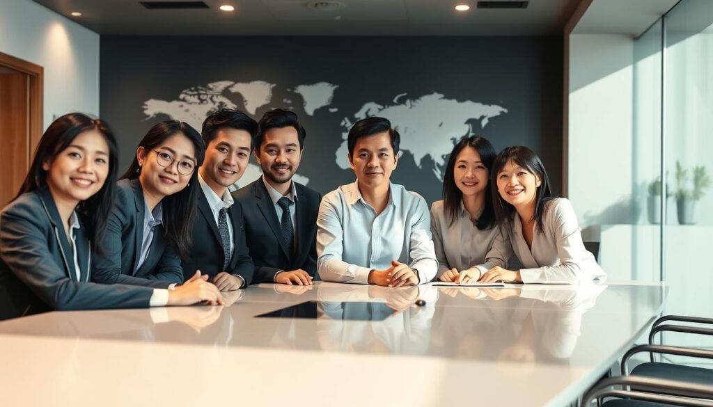 A diverse team of young, Japanese-looking consultants gathered around a large, sleek conference table, their expressions focused and determined. The lighting is crisp and professional, casting subtle shadows that highlight their features. In the background, a world map and sleek, minimalist office decor convey a sense of global reach and sophisticated corporate culture. The consultants are dressed in formal business attire, projecting an air of confidence and competence as they collaborate on their latest international project.