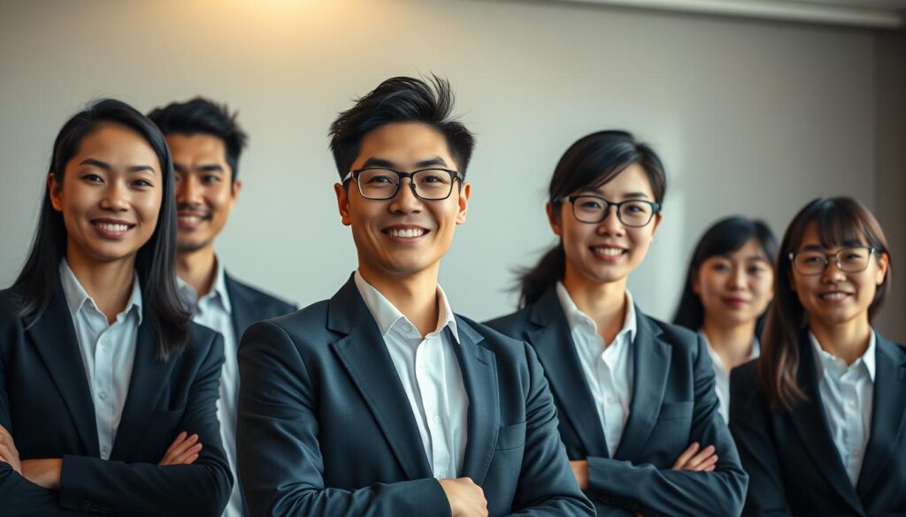 A dynamic and determined group of young Japanese professionals, their faces radiating confidence and ambition. Dressed in sharp business attire, they stand in a modern, minimalist office setting, bathed in warm, directional lighting that accentuates their resolute expressions. The scene exudes a sense of purpose and success, capturing the essence of individuals who have returned to the workforce after previous setbacks, now thriving in their newfound roles. The composition is balanced, with the subjects occupying the foreground, while the background maintains a clean, uncluttered aesthetic to focus attention on their distinctive characteristics.