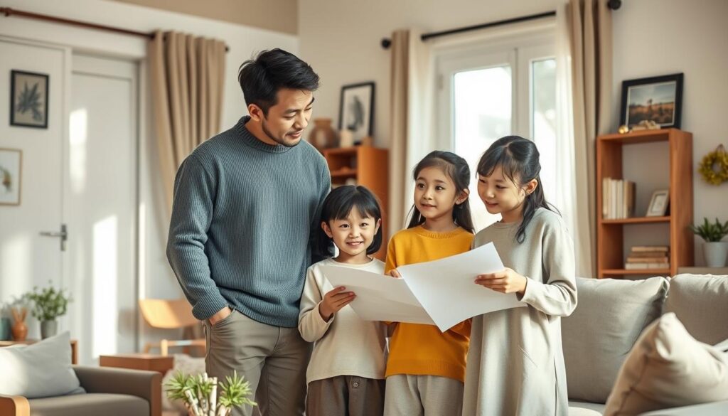 A family of four, a young couple with two children, stand together in a warm, cozy living room, preparing for the husband's career transition. The parents discuss their plans, expressions of determination and support visible on their faces, as the kids listen attentively, their faces conveying a mix of curiosity and excitement. Soft, natural lighting filters through the windows, casting a gentle glow on the scene. The room is filled with personal touches, such as family photos and cozy furnishings, reflecting the close-knit nature of this Japanese household. The overall atmosphere evokes a sense of unity, collaboration, and a shared commitment to navigating this pivotal life change.