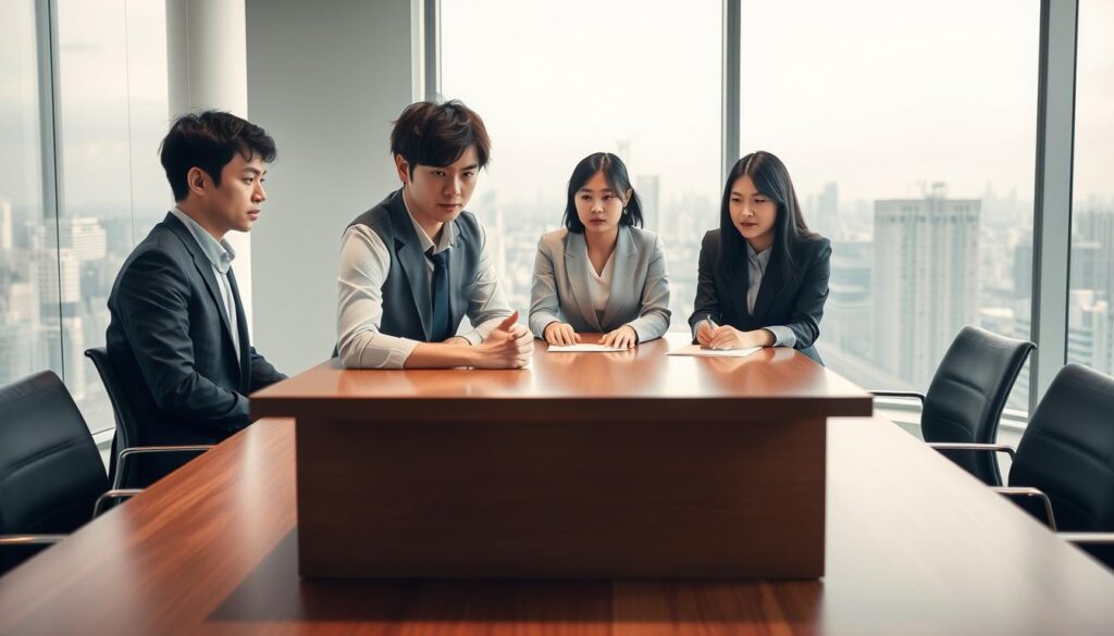 A focused business negotiation in a sleek, modern office setting. The scene depicts three young Japanese professionals, their faces conveying a mix of determination and caution, as they discuss the nuances of resigning from a position. Soft, directional lighting accentuates their features and the clean, minimalist workspace. The middle-ground showcases a large, wooden conference table, while the background features floor-to-ceiling windows overlooking a bustling cityscape. The overall mood is one of professional composure and careful consideration, reflecting the gravity of the "退職交渉の注意点" being discussed.