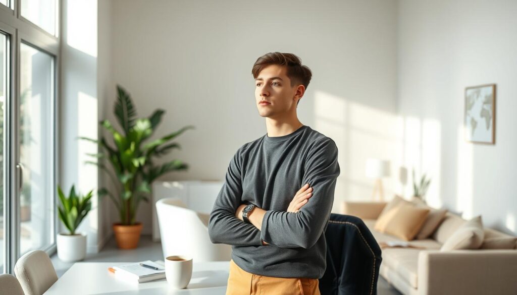 A focused, determined young professional, with a thoughtful expression, stands amidst a minimalist workspace. Sleek, modern furnishings and natural lighting create a calming, focused atmosphere. The subject's body language conveys a sense of purpose and growth, as they plan their path to becoming a successful freelancer. Subtle details, like a laptop, books, and a cup of coffee, hint at the skills and knowledge being honed. The overall scene evokes a sense of quiet contemplation and strategic planning, capturing the essence of "フリーランス転身のためのスキルアップ".