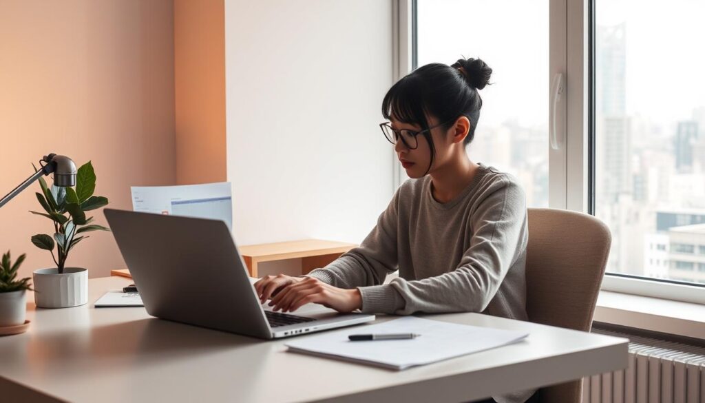 A focused, productive freelancer sits at a minimalist workspace, organizing their schedule on a laptop. Warm lighting creates a cozy, focused atmosphere as they meticulously plan their time. In the background, a window overlooks a bustling cityscape, representing the balance between work and life. The model has a young, Japanese-inspired appearance, conveying the subject's vitality and discipline. The scene emphasizes the importance of effective time management for a successful freelance transition, without any distracting text or overlays.