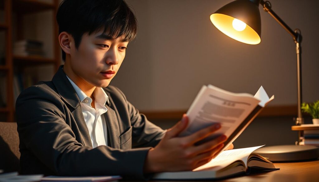 A focused young Japanese professional sitting at a desk, intently studying from textbooks and notes, preparing for an important civil service exam. The scene is lit by a warm, focused desk lamp, casting a pensive glow on the subject's face. The background is blurred, emphasizing the intense concentration. The mood is one of determination and academic dedication, reflecting the title "Essential Points for Passing the Written Exam" and the article's focus on successful civil service career transition.