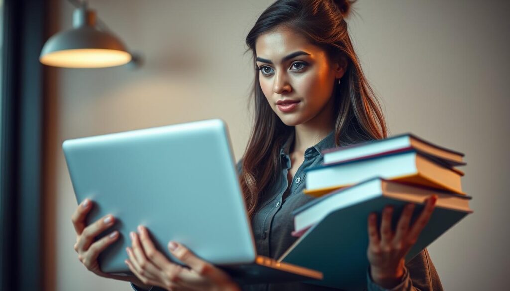 A focused young professional juggles their laptop and textbooks, determined gaze fixed on the task at hand. Soft, warm lighting accentuates their features, conveying a sense of diligence and concentration. The background blurs, drawing the viewer's attention to the foreground, where the model balances work and study with unwavering focus. Realistic and lifelike, this image captures the essence of efficiently pursuing career and education simultaneously.