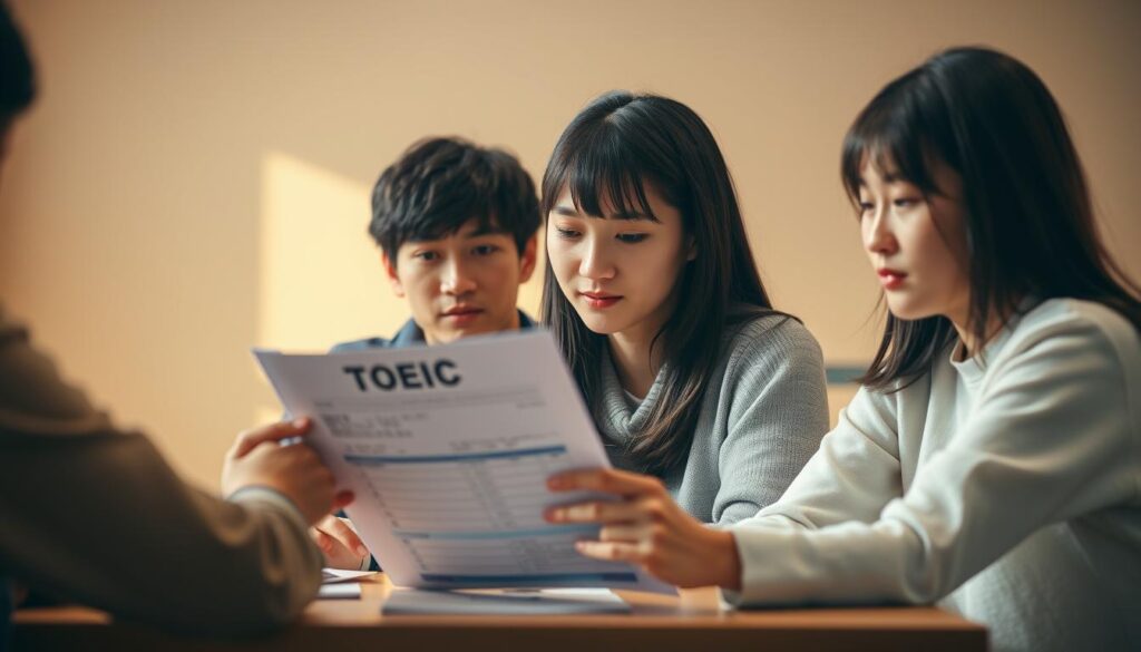 A group of young Japanese individuals seated at a table, gazing thoughtfully at a TOEIC score report in their hands. The scene is captured in a warm, natural lighting, with a soft, blurred background conveying a sense of focus and contemplation. The subjects' expressions reflect the potential benefits and opportunities that the TOEIC test can unlock, hinting at the improved career prospects and personal growth it can facilitate. The image aims to visually represent the value and significance of the TOEIC test for those seeking to advance their professional development.