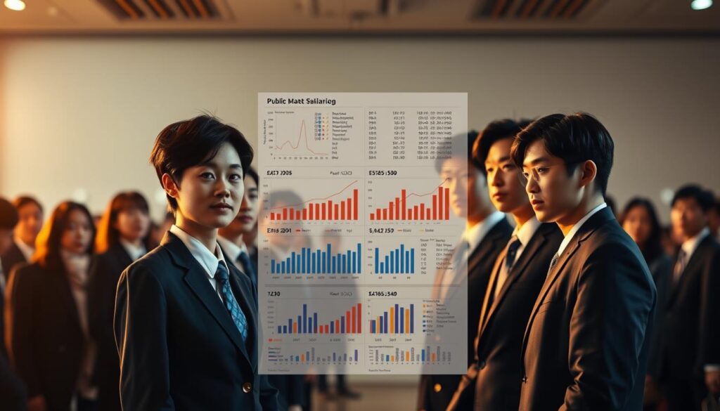 A meticulously detailed comparison of government employee salaries, showcasing a lineup of young, Japanese-looking professionals in a realistic photographic style. The scene is bathed in warm, diffused lighting, creating a sense of authority and professionalism. The middle ground features neatly arranged charts and graphs, providing clear visual insights into the nuances of public sector compensation. The background subtly blurs, keeping the focus on the central data-driven narrative. This image aims to educate and inform readers about the realities of pursuing a career in the civil service.