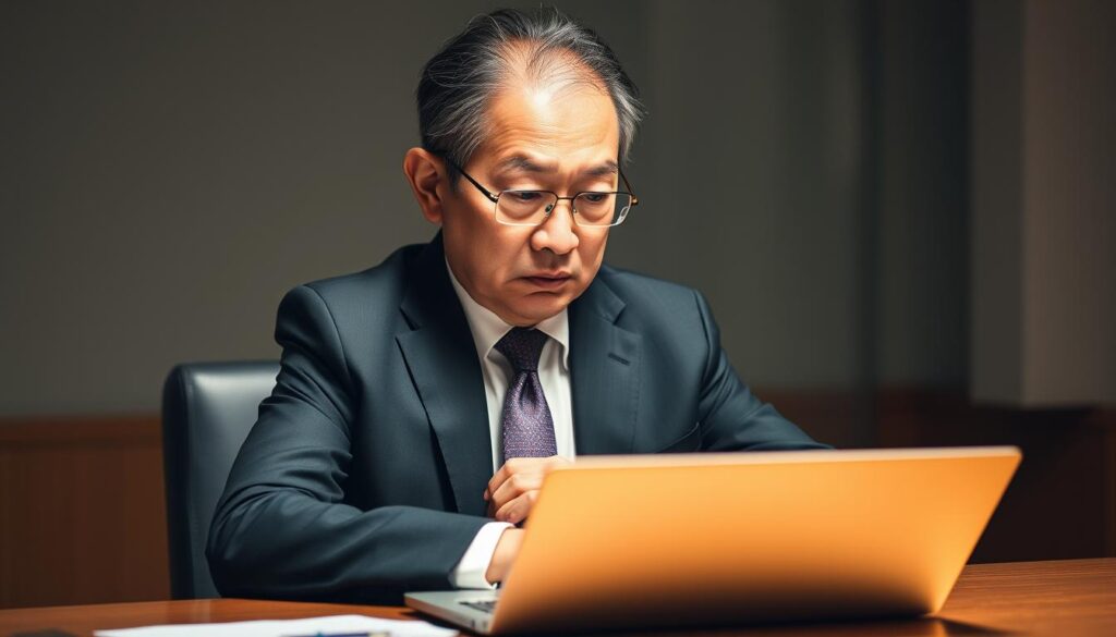 A middle-aged Japanese businessman in a suit, sitting at a desk with a laptop, contemplating his next career move. The lighting is soft and warm, creating a pensive, introspective atmosphere. His expression is focused, yet slightly worried, as he weighs the pros and cons of negotiating a higher salary for his potential new role. The background is slightly blurred, emphasizing the subject's inner deliberation. The overall scene conveys the challenges and considerations of salary negotiations for a seasoned professional seeking a new job opportunity.