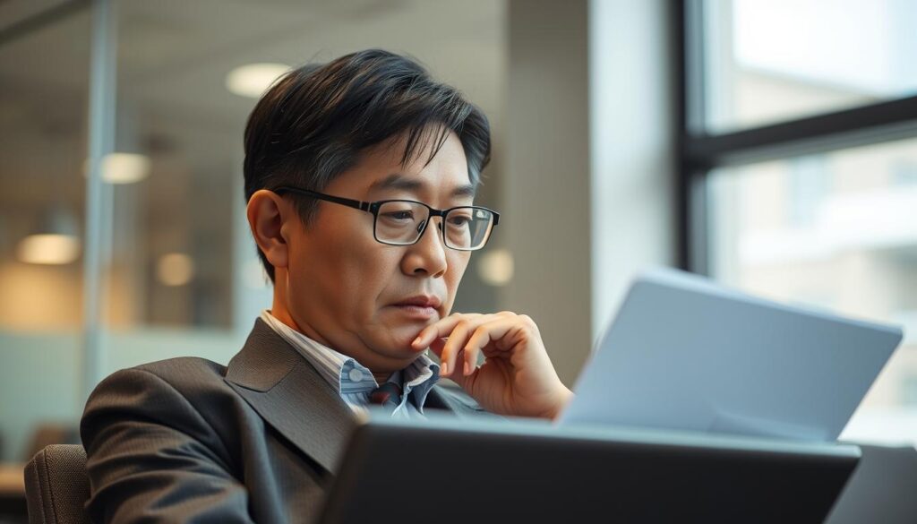 A middle-aged Japanese professional discreetly reviewing job listings on their laptop during a break at their current office, a look of thoughtful consideration on their face. The lighting is soft and natural, conveying a sense of focus and contemplation. The background is blurred, keeping the attention on the subject, who is dressed in formal business attire. The scene evokes the quiet determination and careful planning of an experienced worker navigating a career transition while still employed.