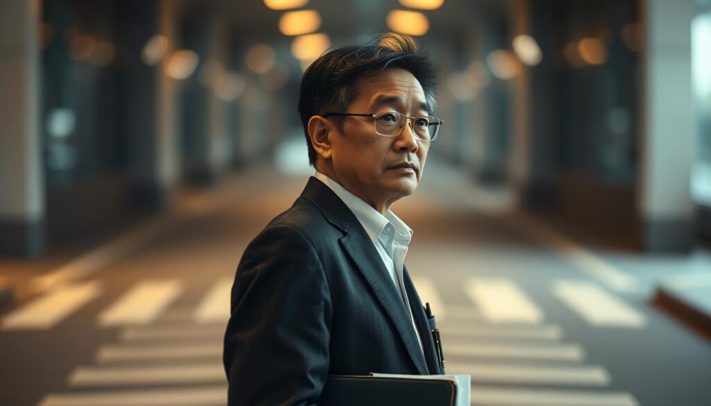 A middle-aged Japanese professional standing at a crossroads, contemplating a career change. Soft lighting casts a pensive mood as they gaze inwardly, weighing the challenges and uncertainties of transitioning to a new path at this stage of life. The background blurs, focusing attention on the subject's introspective expression, capturing the weight of this pivotal decision. Subtle details, such as a portfolio or documents in hand, hint at the careful considerations underlying this career turning point. The scene conveys a sense of quiet determination and the resolve to overcome the obstacles inherent in a mid-life professional shift.