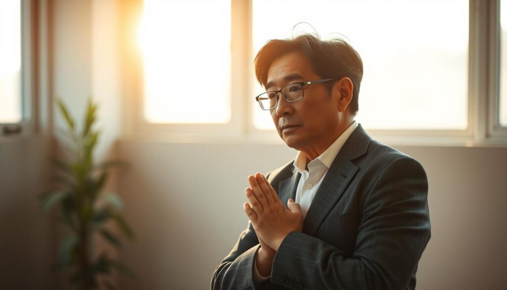 A middle-aged Japanese professional standing in a minimalist office, hands clasped in a pensive pose. Warm natural lighting from a large window casts a soft glow, creating an atmosphere of introspection. The individual's expression is one of quiet determination, contemplating the challenges of a career transition. The background is blurred, keeping the focus on the subject's mental state during this transitional period. The overall scene conveys a sense of thoughtful reflection and measured resolve.
