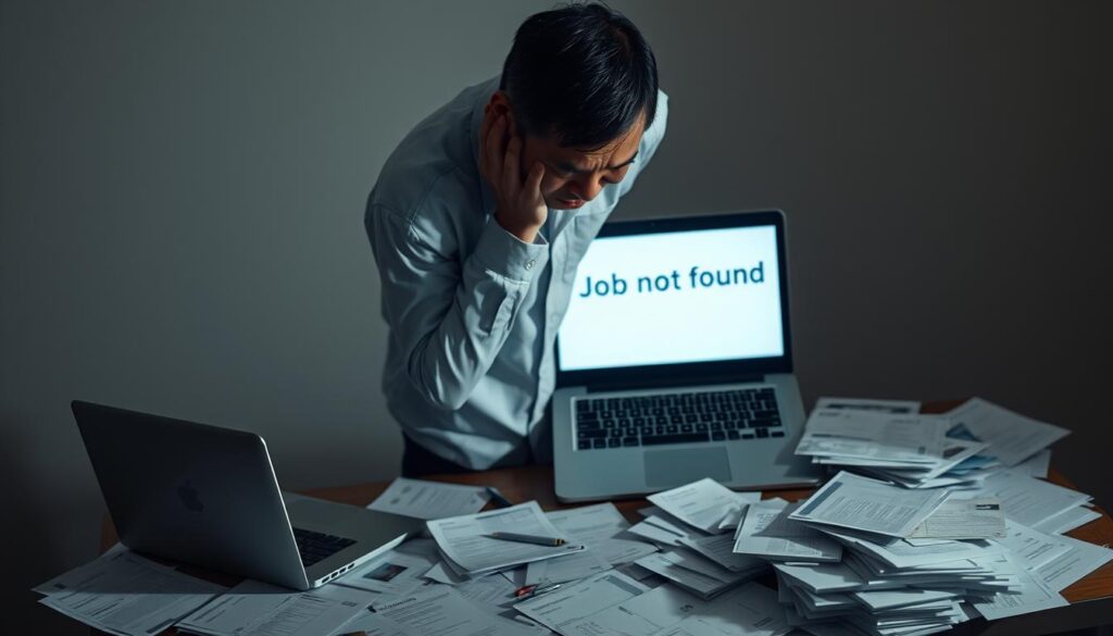 A middle-aged Japanese professional stands dejected, head in hands, surrounded by scattered job applications and a laptop displaying a "job not found" message. Soft, muted lighting casts shadows across the scene, conveying a sense of disappointment and frustration. The individual's posture and facial expression reflect the burden of lacking the necessary specialized skills for a successful career transition. The background is blurred, keeping the focus on the central figure's plight, a cautionary tale of the risks of pursuing a new path without the proper qualifications.