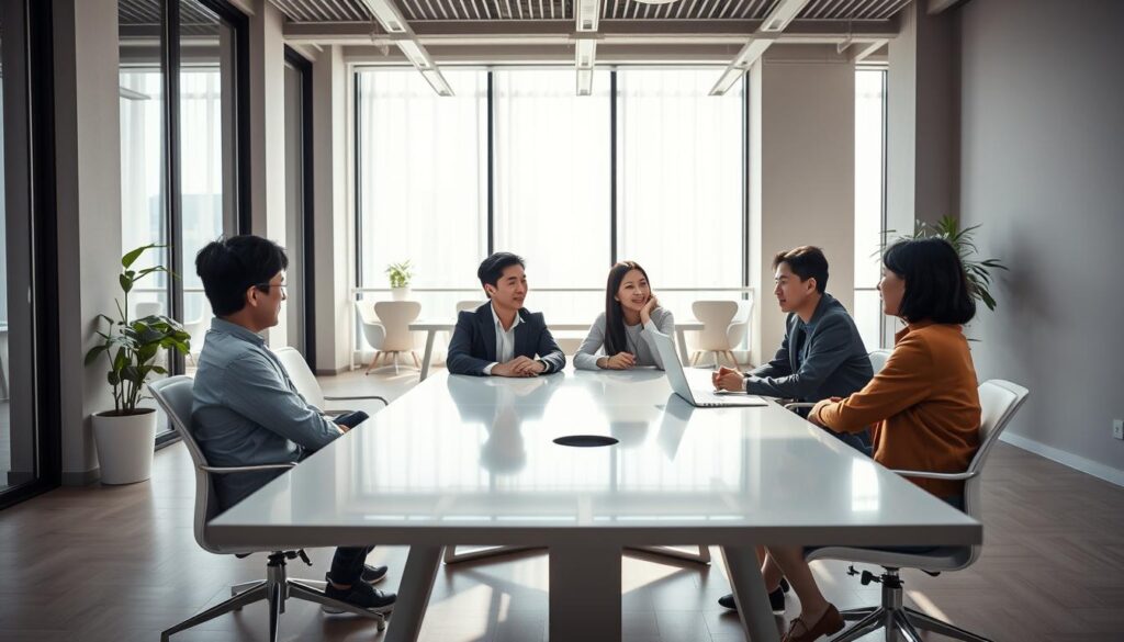 A modern and minimalist office space, bathed in natural light. Four young Japanese-looking professionals, sitting around a sleek conference table, engaged in a collaborative discussion. The atmosphere is relaxed yet focused, with clean lines, muted colors, and subtle textures conveying a sense of professionalism and efficiency. Soft, diffused lighting from large windows creates a warm, inviting ambiance, while the overall layout and design suggest an emphasis on work-life balance and employee well-being. This image captures the quintessential characteristics of a "white company" - a harmonious blend of productivity, innovation, and employee-centric values.