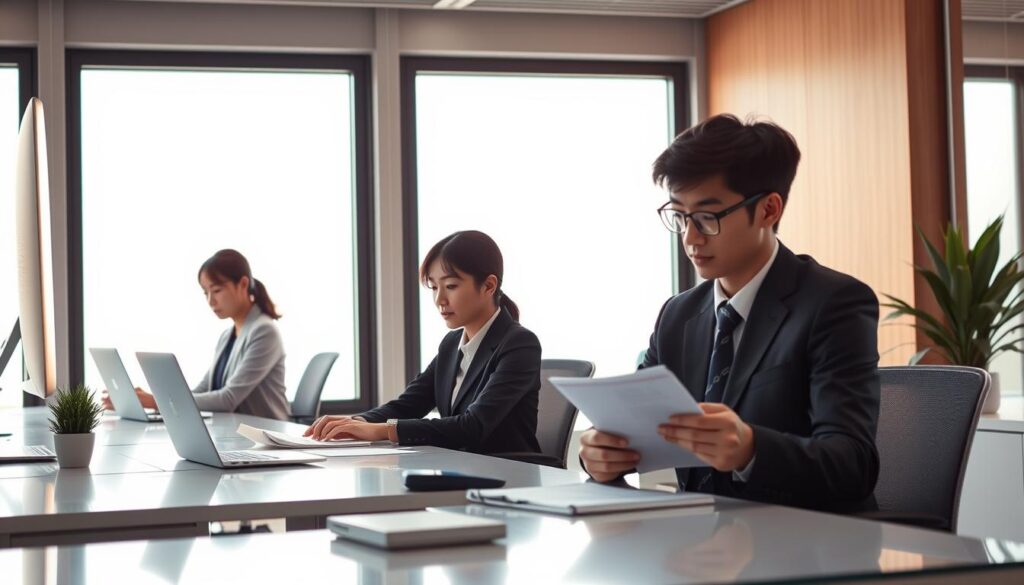 A modern and sleek office interior, bathed in warm natural light from large windows. Three young Japanese professionals, neatly dressed in business attire, sit at their desks focused on their work - one typing on a laptop, another reviewing papers, and the third making notes. The atmosphere is one of quiet productivity, with a sense of purpose and accomplishment. The desks are clutter-free, and subtle decorative elements, such as potted plants, add a touch of warmth to the minimalist workspace. The lighting is soft and diffused, creating a calming, professional ambiance suited for an accounting or administrative role.