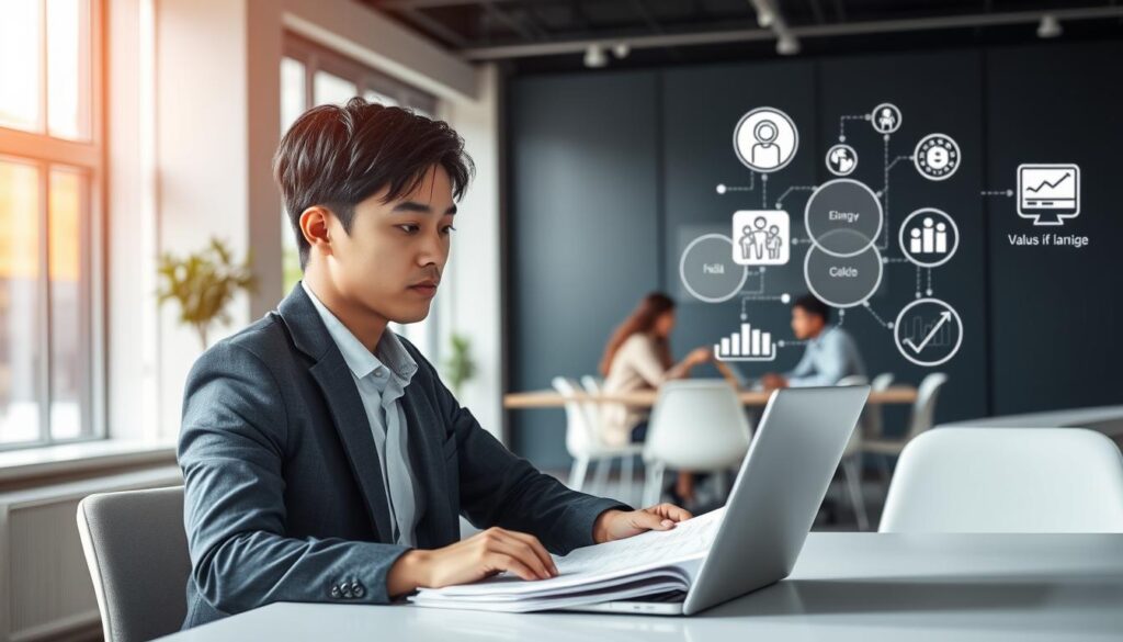 A modern office workspace with minimalist design and natural lighting. In the foreground, a young Japanese-looking professional sits at a desk, studying documents and making notes on a laptop. They wear smart casual attire and have a contemplative expression, symbolizing the preparatory phase of a career change. In the middle ground, colleagues collaborate at a conference table, reflecting the collaborative nature of successful job transitions. The background features stylized icons and infographic elements related to job search, skill development, and career planning, creating an atmosphere of intentional growth and forward momentum.