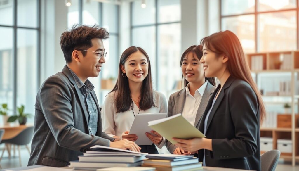 A modern, well-appointed office setting with a focus on a group of young Japanese professionals receiving employment assistance. In the foreground, three individuals are engaged in a collaborative discussion, their expressions attentive and hopeful. The middle ground showcases a variety of career resources and materials, while the background features a sleek, minimalist design with clean lines and muted tones. Soft, natural lighting filters through large windows, creating a warm and inviting atmosphere. The overall scene conveys a sense of guidance, opportunity, and the potential for professional growth.