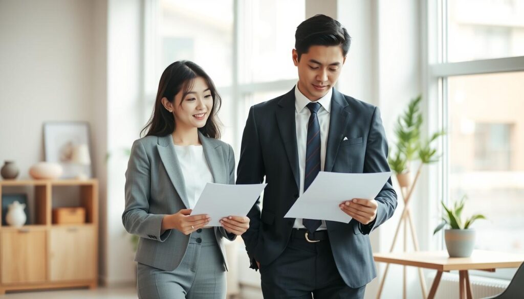 A neatly dressed, professional-looking Japanese man and woman standing in a modern office, engaged in a thoughtful discussion about career options. The scene is well-lit, with soft, natural lighting from large windows, casting a warm, inviting atmosphere. The pair's body language suggests a collaborative, trust-based relationship, as they review documents and consider the merits of different employment agencies. In the background, a clean, minimalist workspace with tasteful decor creates a sense of professionalism and attention to detail. The models have a youthful, relatable appearance, capturing the target audience for the article on successful mid-career transitions.