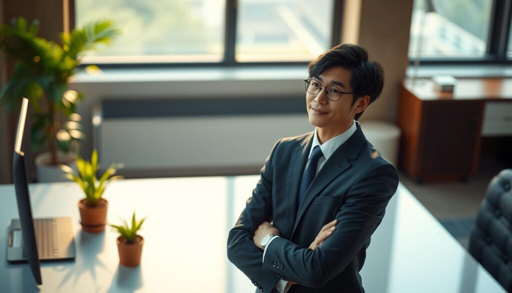 A neatly dressed young Japanese professional in a thoughtful pose, considering their career options. The scene is set in a modern office environment, with a sleek desk, potted plants, and a large window providing soft, natural lighting. The figure's expression conveys a sense of contemplation, as they weigh the pros and cons of potential job opportunities. The overall atmosphere is one of quiet introspection, capturing the deliberative process of choosing the right career path.