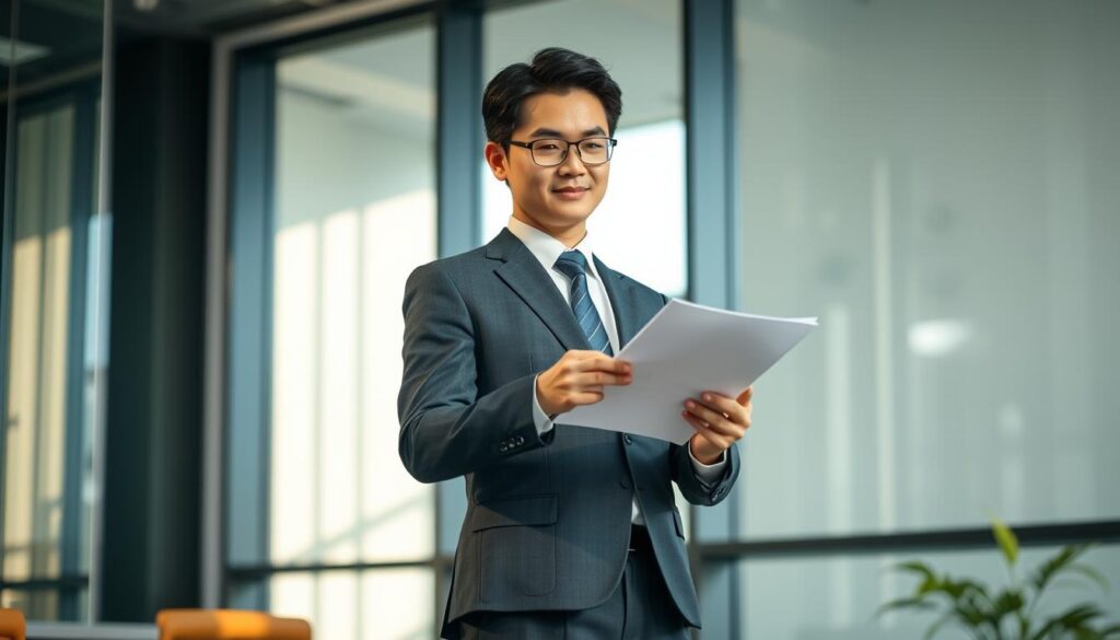A neatly dressed, young Japanese professional standing confidently in a modern, well-lit office setting. They are examining paperwork, conveying a sense of focus and dedication to their public service role. The scene exudes a sense of purpose and stability, reflecting the reliable and respectable nature of a government career. Soft natural lighting from large windows creates a warm, inviting atmosphere, drawing the viewer's attention to the subject's thoughtful expression. The overall impression is one of a rewarding transition from a previous law enforcement role to a fulfilling civil service position.